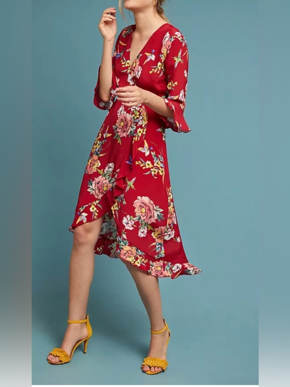 Anthropologie Red Floral High-Low Wrap Dress with Ruffles